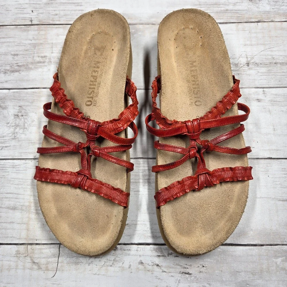 Mephisto Strappy Ruffle Leather Cork Footbed Sandals Womens 39 Red France